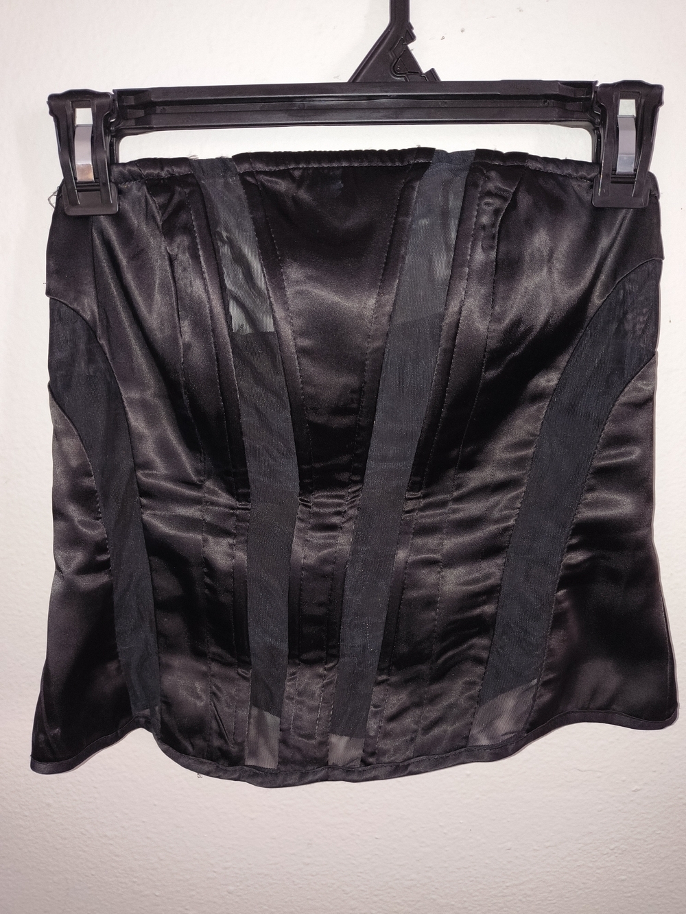 AKIRA Black Satin Corset Bustier Top Mesh Panel Strapless Size Small